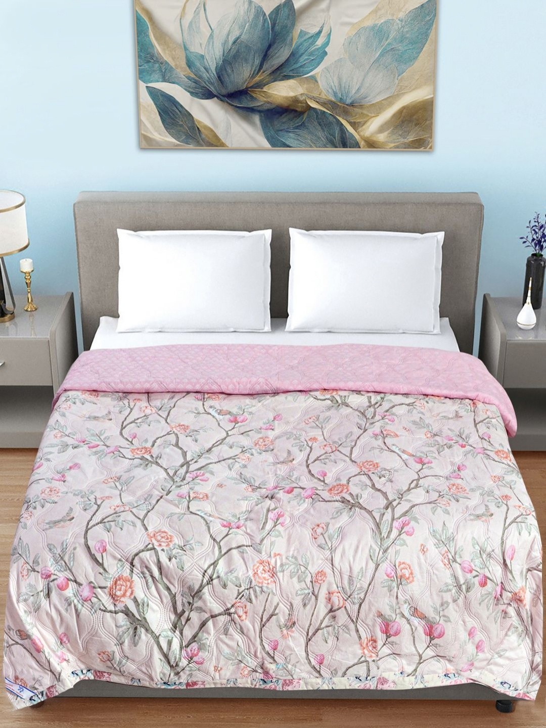 FABINALIV Pink & Grey Floral Mild Winter 350 GSM Double Bed Quilted Reversible Comforter
FABINALIV Pink & Grey Floral Mild Winter 350 GSM Double Bed Quilted Reversible Comforter