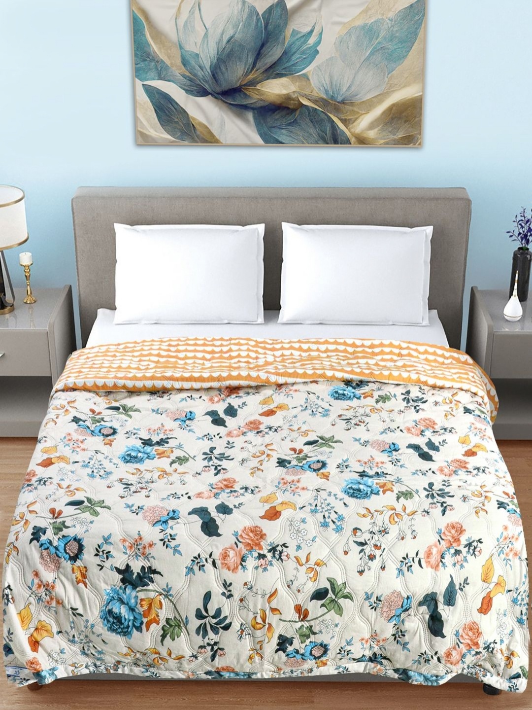FABINALIV White & Blue Floral Mild Winter 350 GSM Double Bed Quilted Reversible Comforter
FABINALIV White & Blue Floral Mild Winter 350 GSM Double Bed Quilted Reversible Comforter