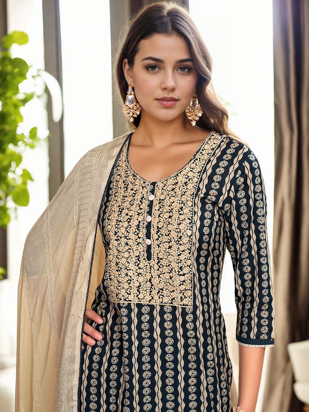 Anouk Charcoal Geometric Printed Thread Work Pure Cotton Kurta With Trouser &Dupatta
Anouk Charcoal Geometric Printed Thread Work Pure Cotton Kurta With Trouser &Dupatta