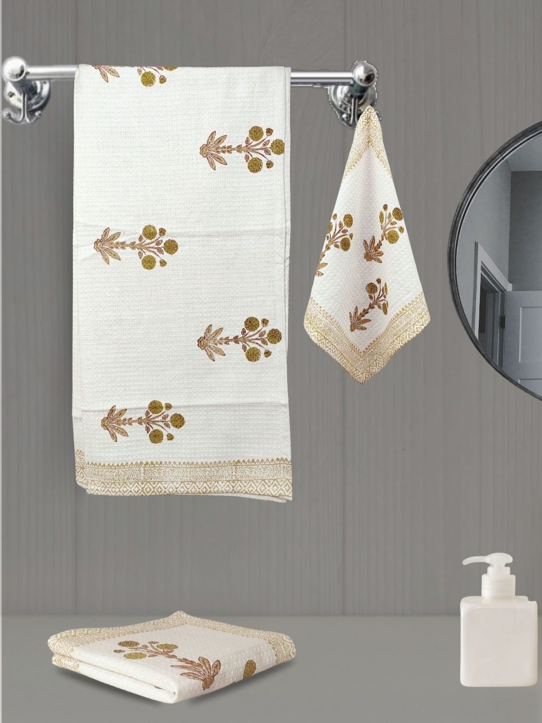 LIVING ROOTS White 3 Pieces Block Printed Waffle Cotton 350 GSM Soft & Absorbent Towel Set
LIVING ROOTS White 3 Pieces Block Printed Waffle Cotton 350 GSM Soft & Absorbent Towel Set