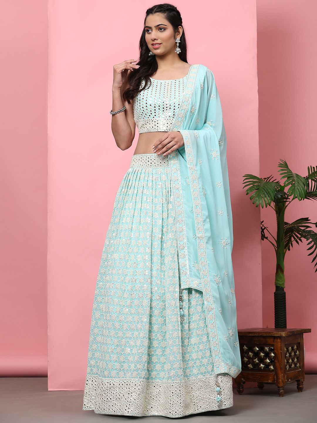 VANAKARA Embroidered Sequinned Ready to Wear Lehenga & Blouse With Dupatta, Turquoise blue
VANAKARA Embroidered Sequinned Ready to Wear Lehenga & Blouse With Dupatta, Turquoise blue