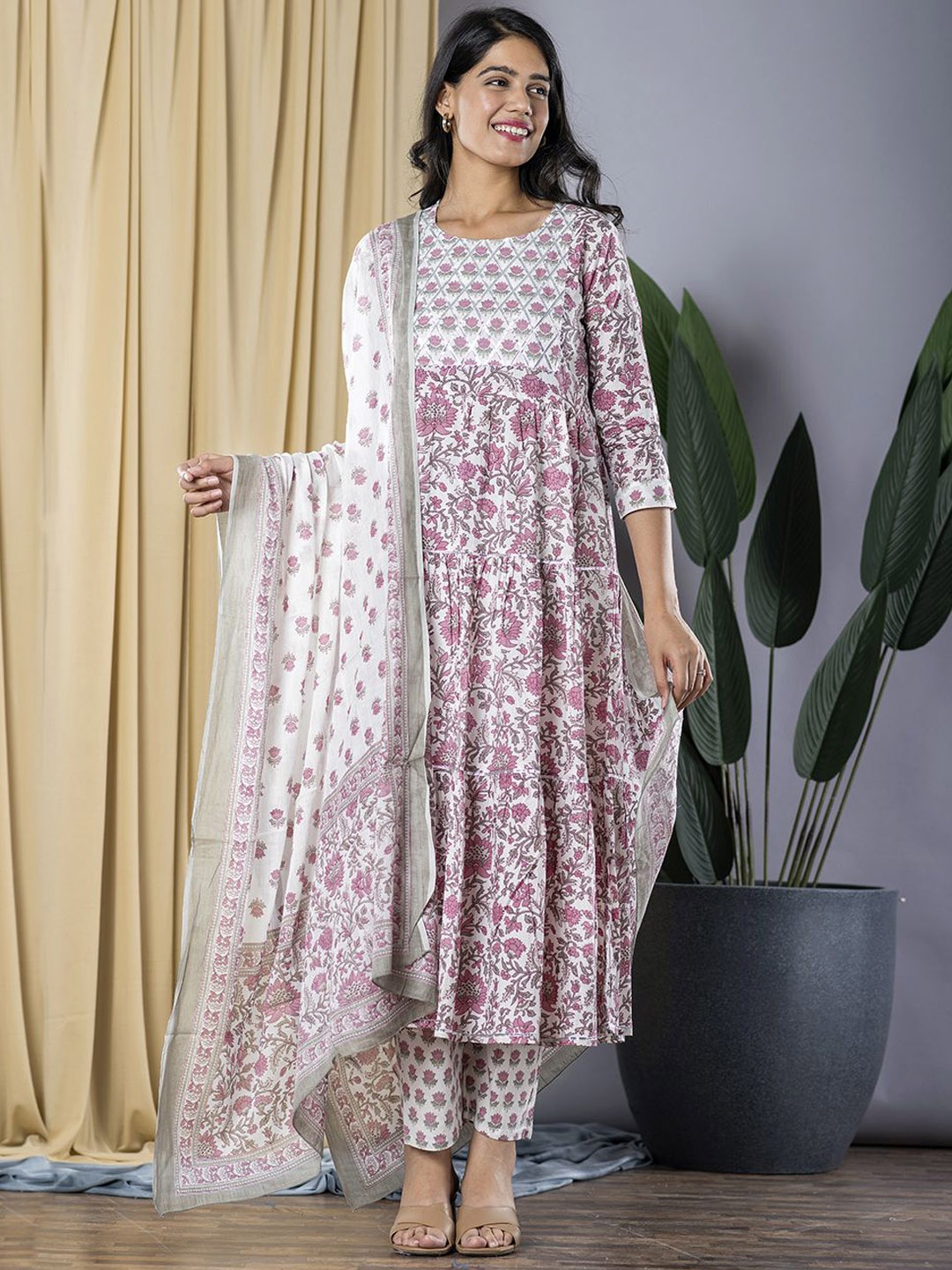 KALINI Round Neck Floral Printed Tiered Pure Cotton Anarkali Kurta with Trouser & Dupatta, Purple
KALINI Round Neck Floral Printed Tiered Pure Cotton Anarkali Kurta with Trouser & Dupatta, Purple