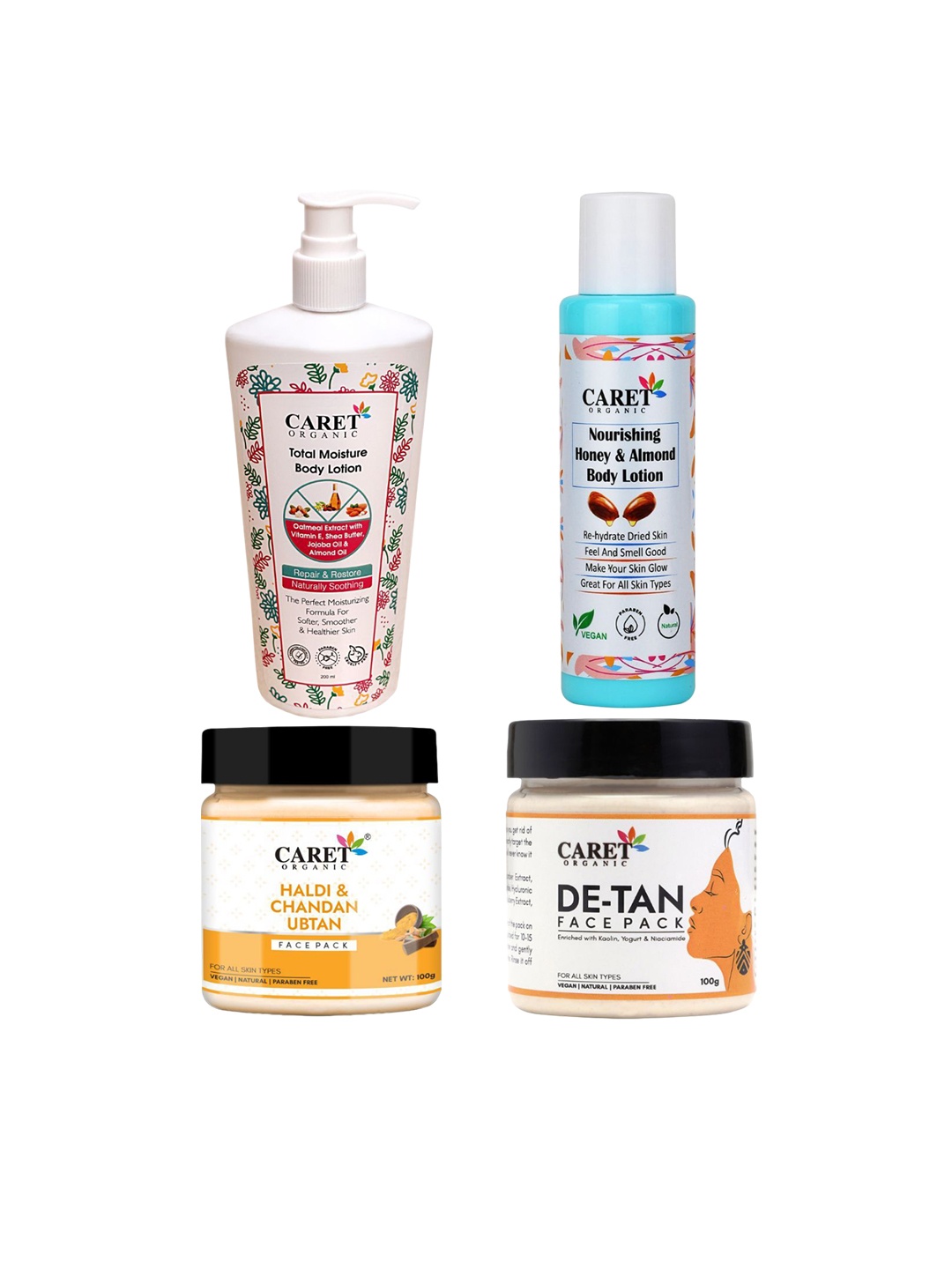 CARET ORGANIC Set of 4 Body Lotion, Almond Body Lotion, Haldi & De-Tan Face Pack, White
CARET ORGANIC Set of 4 Body Lotion, Almond Body Lotion, Haldi & De-Tan Face Pack, White