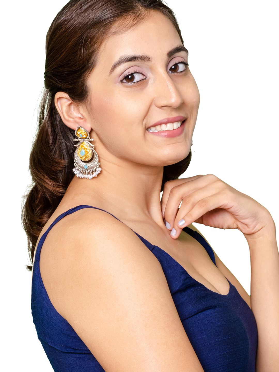 Shining Jewel - By Shivansh Silver-Plated Cubic Zirconia Studded Oxidised Drop Earrings, Blue
Shining Jewel - By Shivansh Silver-Plated Cubic Zirconia Studded Oxidised Drop Earrings, Blue