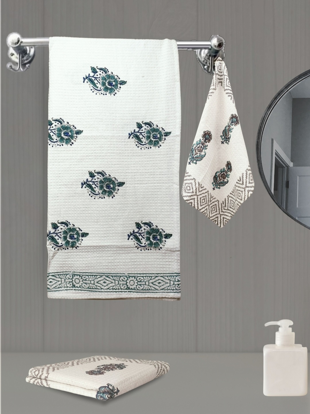 LIVING ROOTS White 3 Pieces Block Printed 210 GSM Waffle Cotton Soft & Absorbent Towel Set
LIVING ROOTS White 3 Pieces Block Printed 210 GSM Waffle Cotton Soft & Absorbent Towel Set