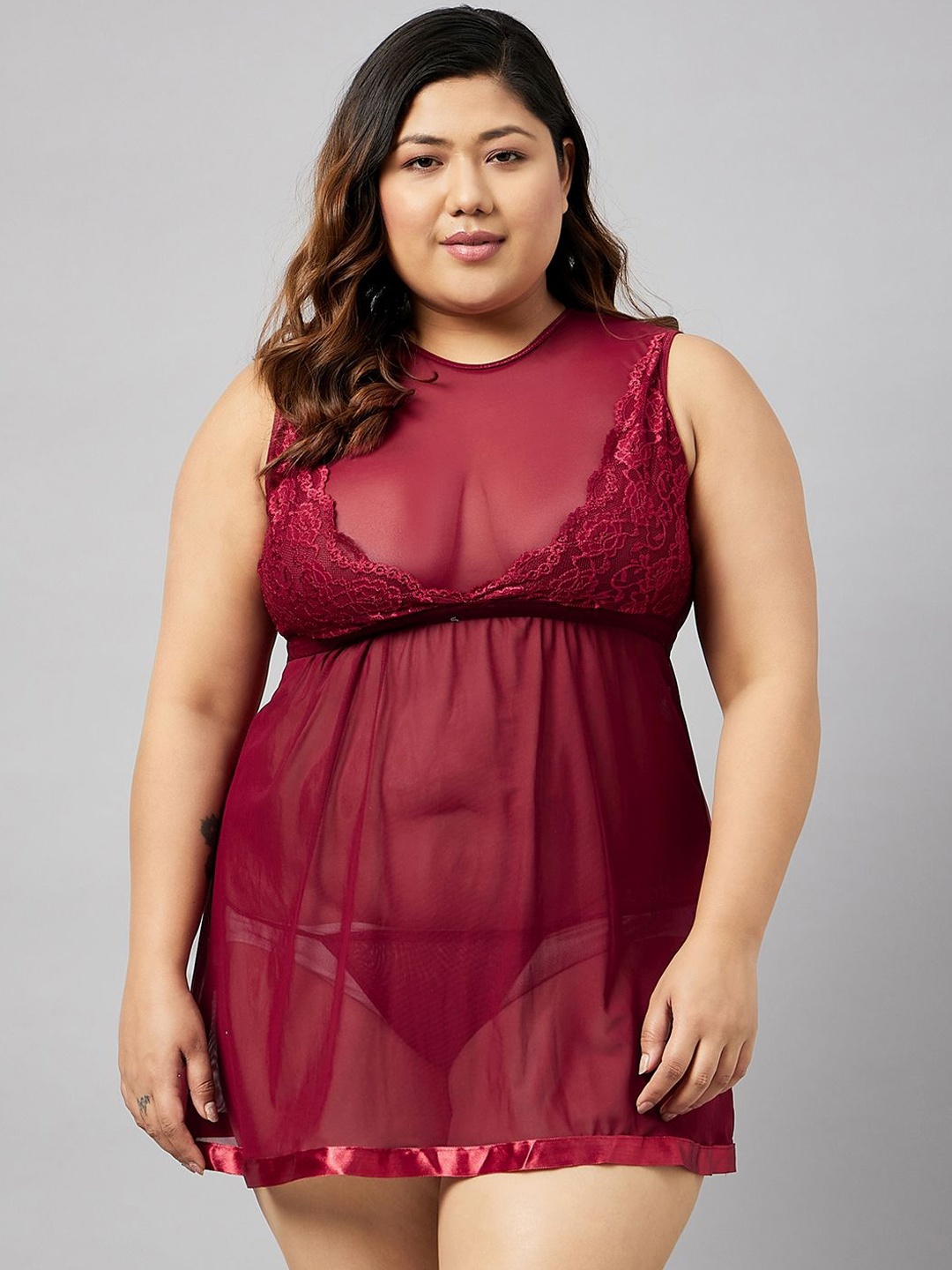 Curves By ZeroKaata Women Plus Size Self Design Sheer Baby Doll With Thong Briefs, Maroon
Curves By ZeroKaata Women Plus Size Self Design Sheer Baby Doll With Thong Briefs, Maroon
