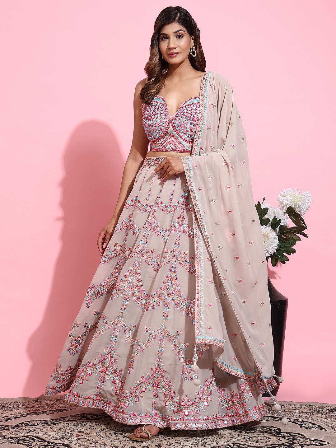 VANAKARA Embroidered Mirror Work Ready to Wear Lehenga & Blouse With Dupatta, Pink
VANAKARA Embroidered Mirror Work Ready to Wear Lehenga & Blouse With Dupatta, Pink