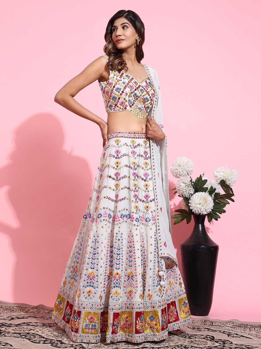VANAKARA Embroidered Mirror Work Ready to Wear Lehenga & Blouse With Dupatta, Cream
VANAKARA Embroidered Mirror Work Ready to Wear Lehenga & Blouse With Dupatta, Cream