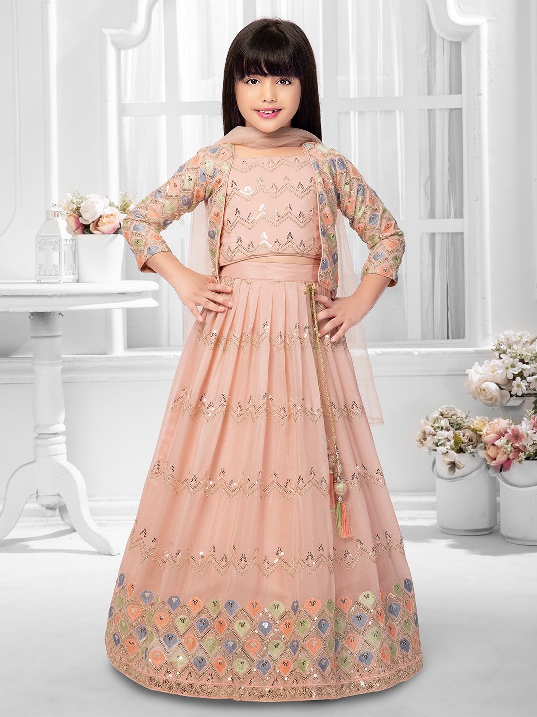 Tiny Kingdom Girls Embroidered Ready to Wear Lehenga & Blouse With Dupatta & Jacket, Peach
Tiny Kingdom Girls Embroidered Ready to Wear Lehenga & Blouse With Dupatta & Jacket, Peach