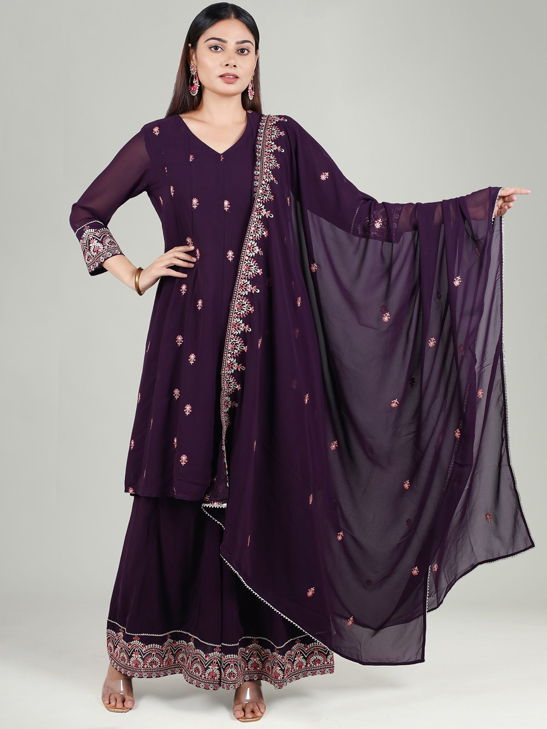 COTTON CULTURE Floral Embroidered V-Neck Georgette Straight Kurta With Palazzos & Dupatta, Purple
COTTON CULTURE Floral Embroidered V-Neck Georgette Straight Kurta With Palazzos & Dupatta, Purple