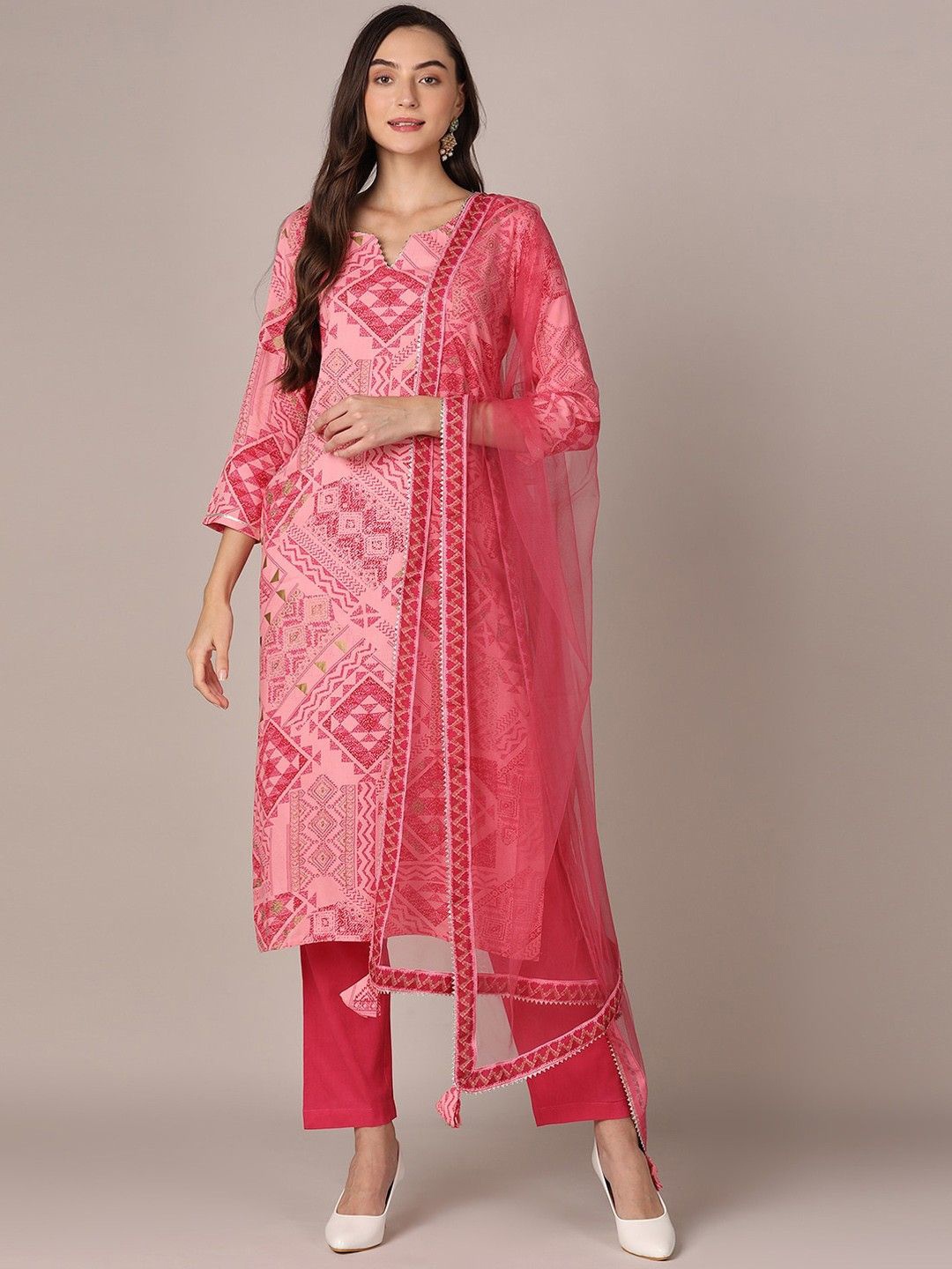 KALINI Notch Neck Geometric Printed Straight Kurta with Trouser & Dupatta, Pink
KALINI Notch Neck Geometric Printed Straight Kurta with Trouser & Dupatta, Pink