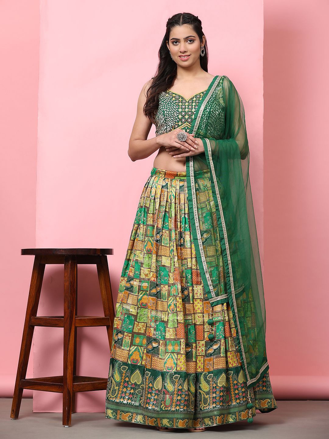 VANAKARA Embroidered Thread Work Block Print Ready to Wear Lehenga & Blouse With Dupatta, Green
VANAKARA Embroidered Thread Work Block Print Ready to Wear Lehenga & Blouse With Dupatta, Green