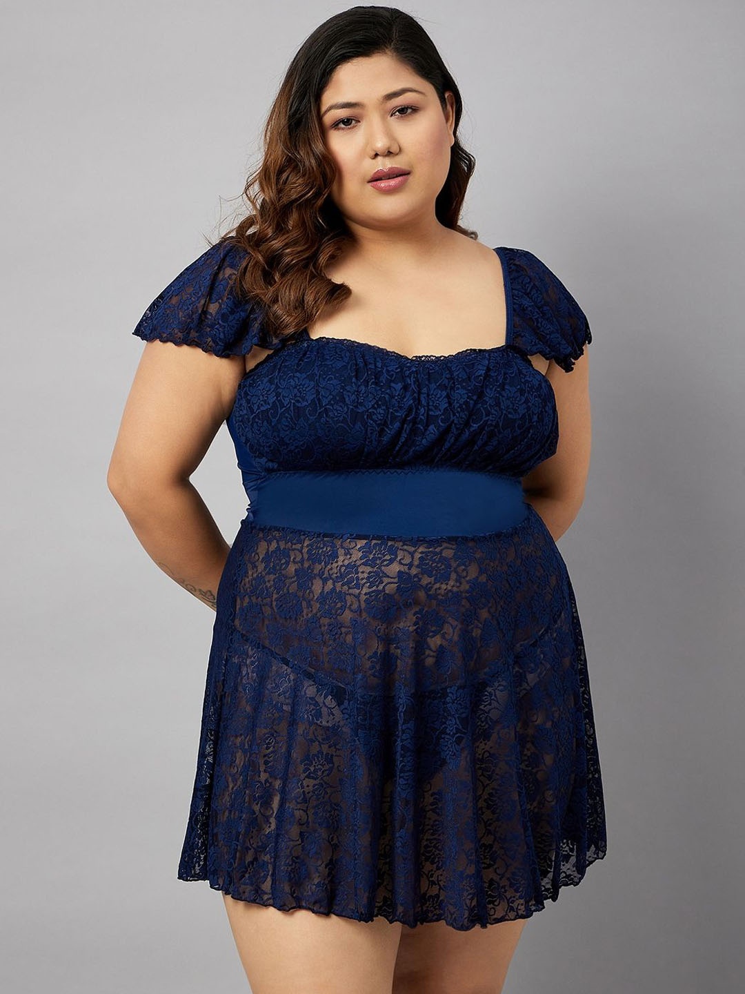 Curves By ZeroKaata Women Plus Size Self Design Lace Baby Doll With Thong Briefs, Navy blue
Curves By ZeroKaata Women Plus Size Self Design Lace Baby Doll With Thong Briefs, Navy blue