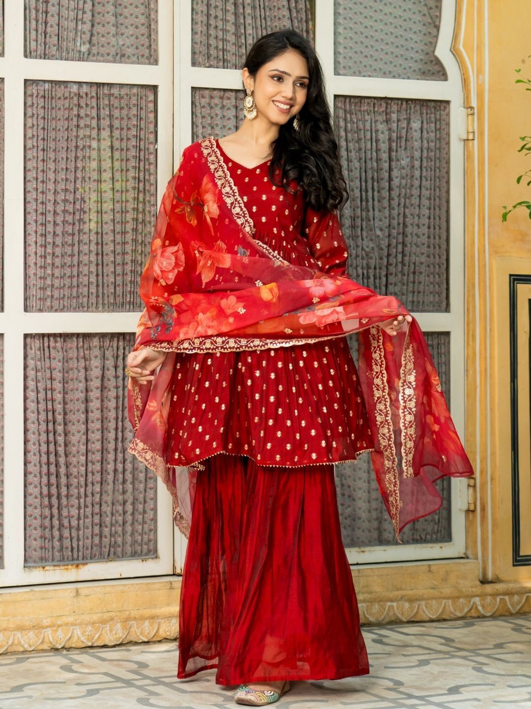 HOUSE OF JAMOTI Floral Printed Cotton Silk A-Line Kurta With Sharara & Dupatta, Maroon
HOUSE OF JAMOTI Floral Printed Cotton Silk A-Line Kurta With Sharara & Dupatta, Maroon