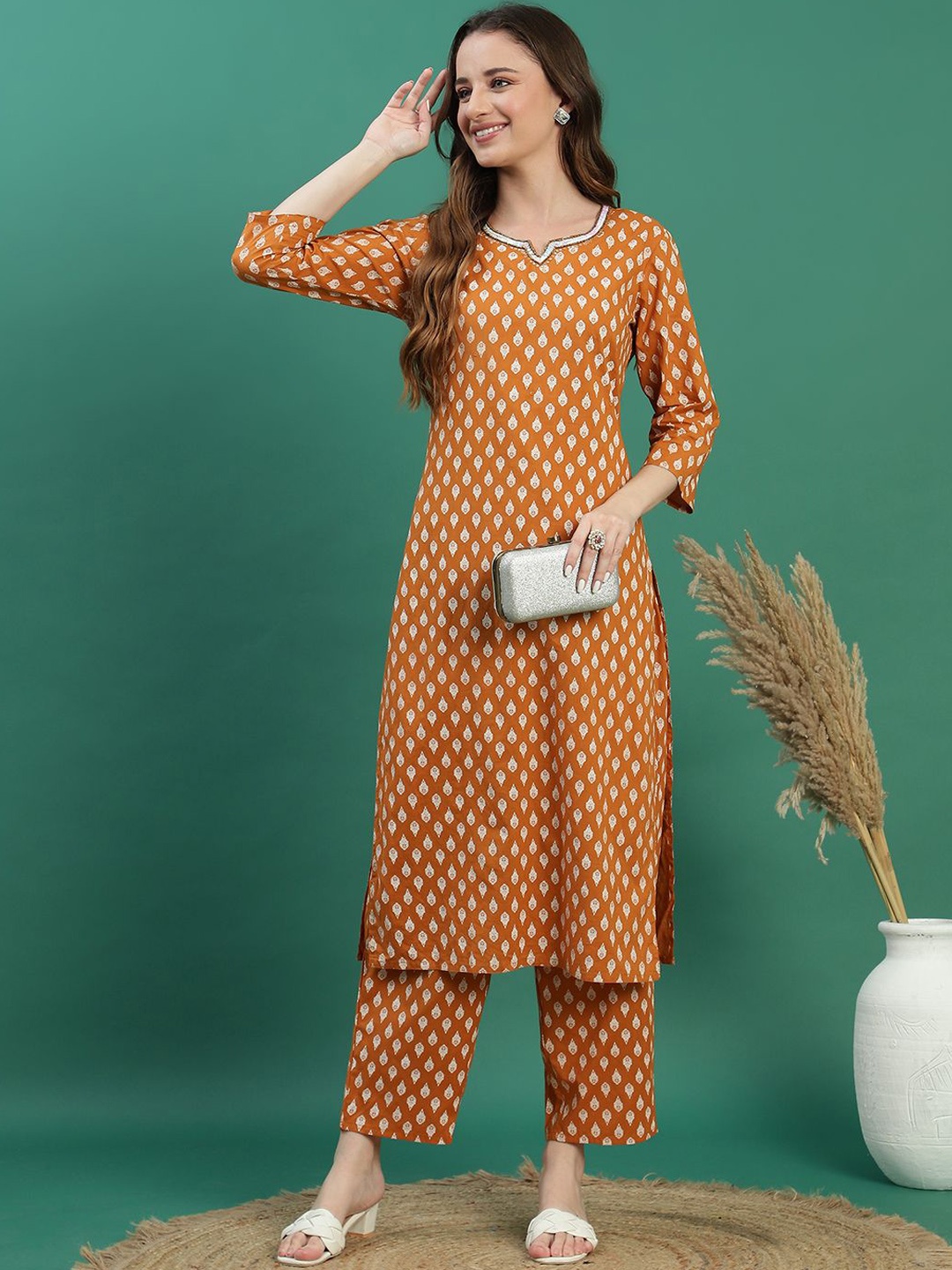 Sangria Mustard Yellow Ethnic Motifs Printed Sequined Pure Cotton Kurta With Palazzos
Sangria Mustard Yellow Ethnic Motifs Printed Sequined Pure Cotton Kurta With Palazzos
