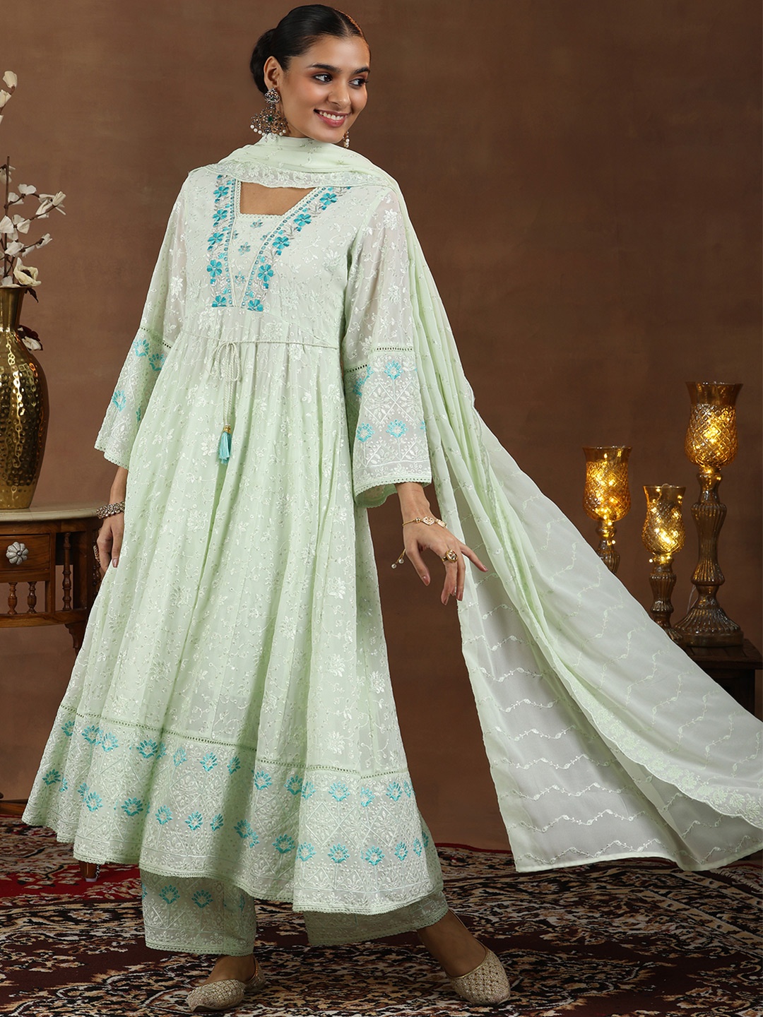 Libas Floral Embroidered Panelled Thread Work Anarkali Kurta with Palazzos & With Dupatta, Green
Libas Floral Embroidered Panelled Thread Work Anarkali Kurta with Palazzos & With Dupatta, Green