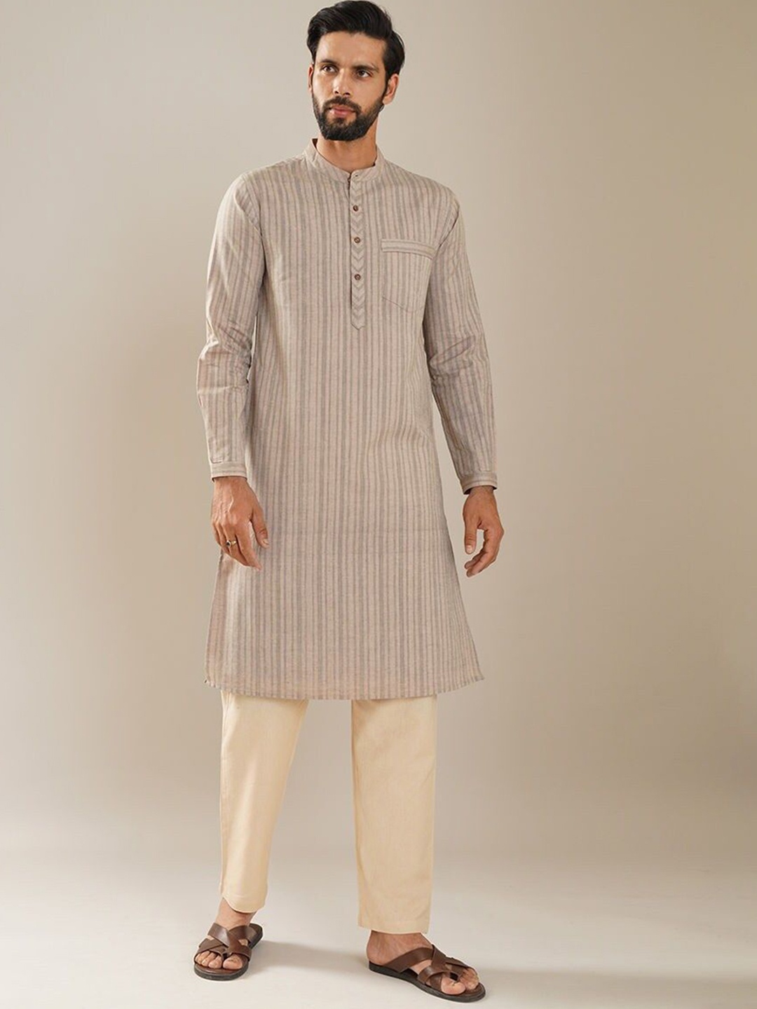 JAYPORE Striped Woven Design Band Collar Neck Long Roll-Up Sleeves Pure Cotton Kurta, Beige
JAYPORE Striped Woven Design Band Collar Neck Long Roll-Up Sleeves Pure Cotton Kurta, Beige