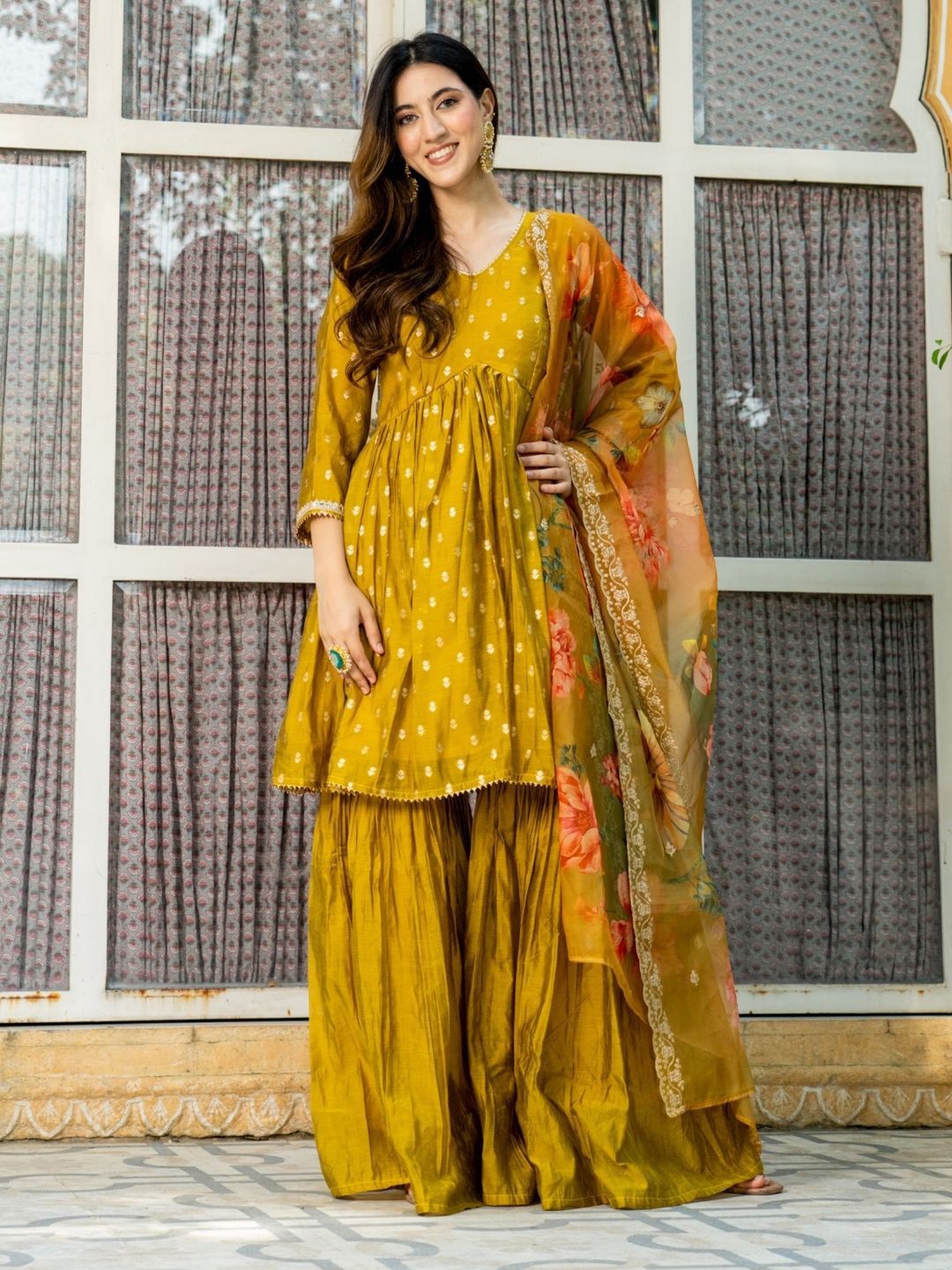 HOUSE OF JAMOTI Floral Embroidered Cotton Silk A-Line Kurti With Sharara & Dupatta, Gold
HOUSE OF JAMOTI Floral Embroidered Cotton Silk A-Line Kurti With Sharara & Dupatta, Gold