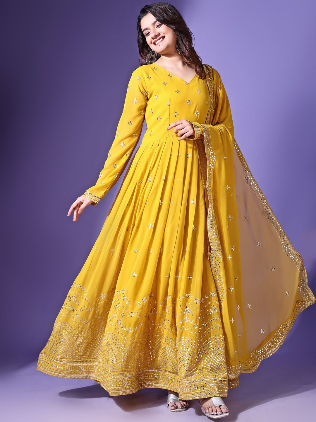 KALINI Floral Embroidered V-Neck Mirror Work Georgette Anarkali Kurta With Dupatta, Yellow
KALINI Floral Embroidered V-Neck Mirror Work Georgette Anarkali Kurta With Dupatta, Yellow