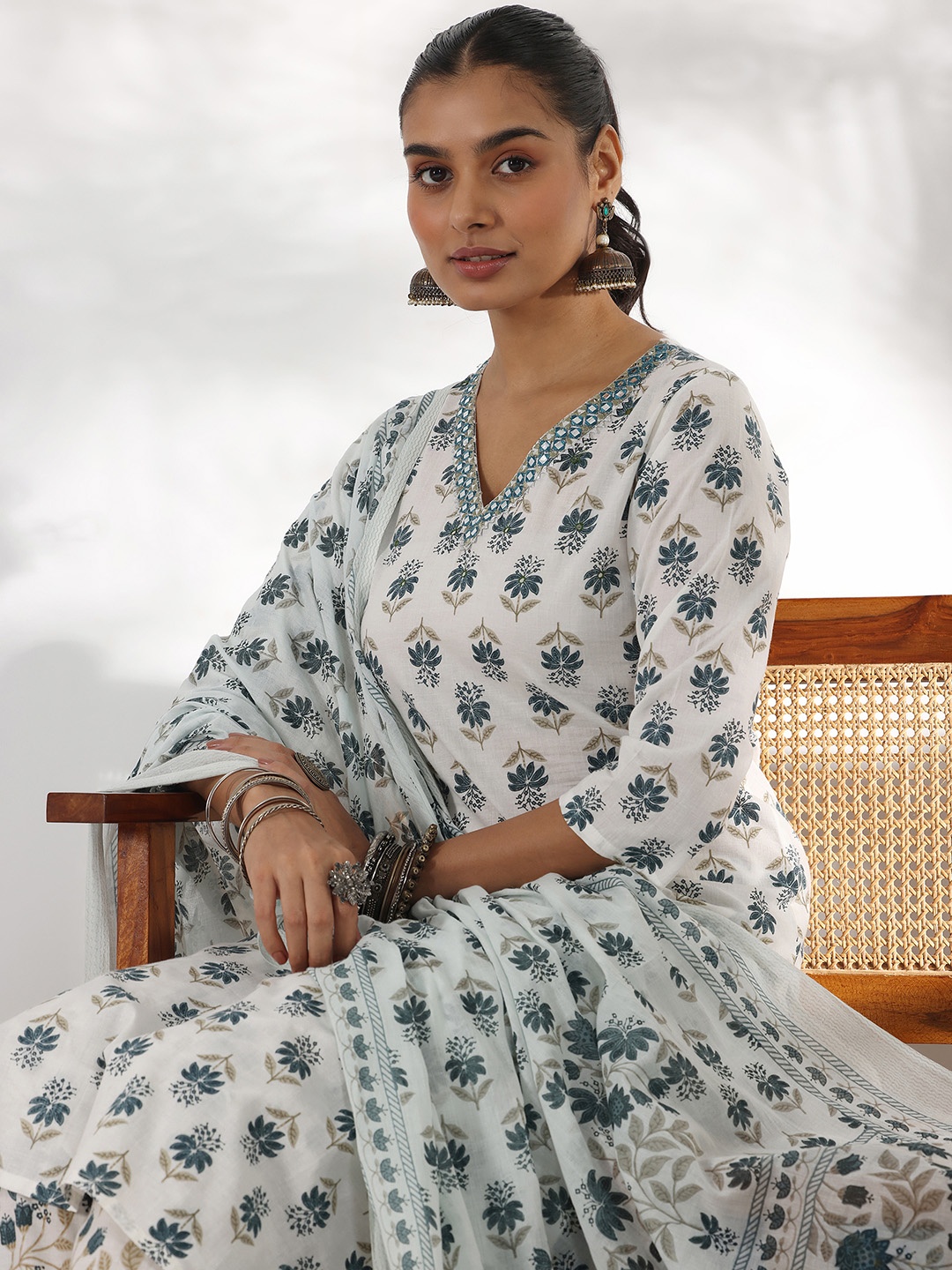 Libas Floral Printed Mirror Work V-Neck Pure Cotton Straight Kurta with Palazzo & Dupatta, White
Libas Floral Printed Mirror Work V-Neck Pure Cotton Straight Kurta with Palazzo & Dupatta, White