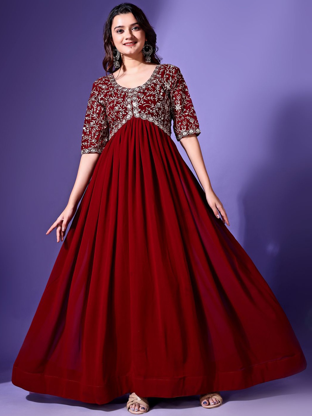 KALINI Floral Embroidered Round Neck Gathered Georgette Fit & Flare Maxi Ethnic Dress, Maroon
KALINI Floral Embroidered Round Neck Gathered Georgette Fit & Flare Maxi Ethnic Dress, Maroon