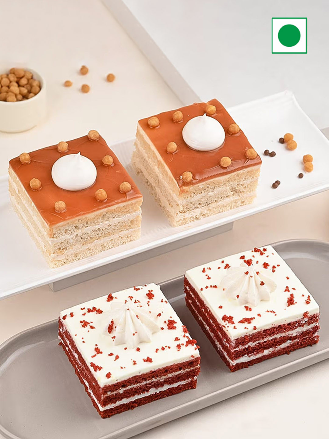 Floweraura Set of 4 Butterscotch & Red Velvet Flavour Eggless Square Pastries Cakes-500 g, Brown
Floweraura Set of 4 Butterscotch & Red Velvet Flavour Eggless Square Pastries Cakes-500 g, Brown