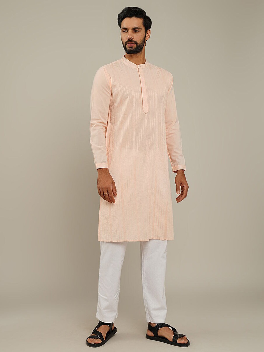 JAYPORE Striped Woven Design Band Collar Neck Long Sleeves Pure Cotton Straight Kurta, Peach
JAYPORE Striped Woven Design Band Collar Neck Long Sleeves Pure Cotton Straight Kurta, Peach