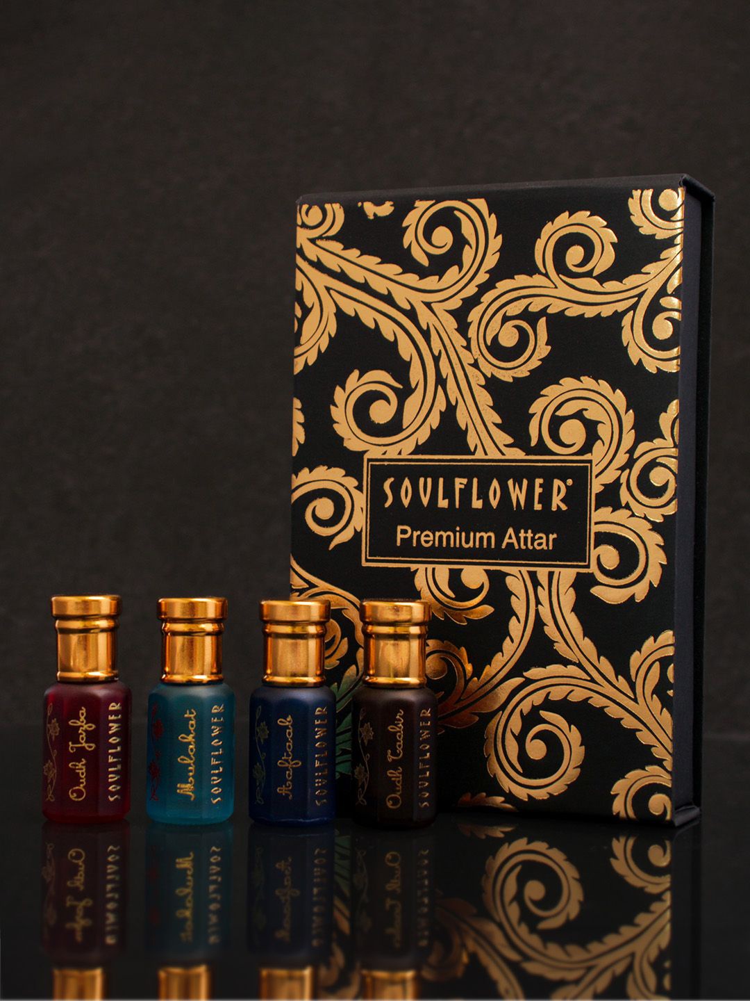 Soulflower 4-Pcs Premium Attar Set - Oudh Jazba + Mulakat + Aaftaab + Oudh Tabir, Black
Soulflower 4-Pcs Premium Attar Set - Oudh Jazba + Mulakat + Aaftaab + Oudh Tabir, Black