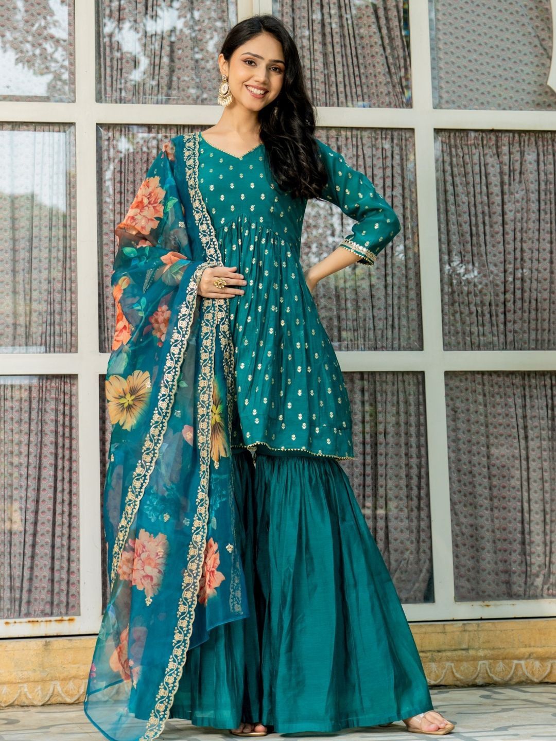 HOUSE OF JAMOTI Floral Printed Cotton Silk A-Line Kurti With Sharara & Dupatta, Green
HOUSE OF JAMOTI Floral Printed Cotton Silk A-Line Kurti With Sharara & Dupatta, Green
