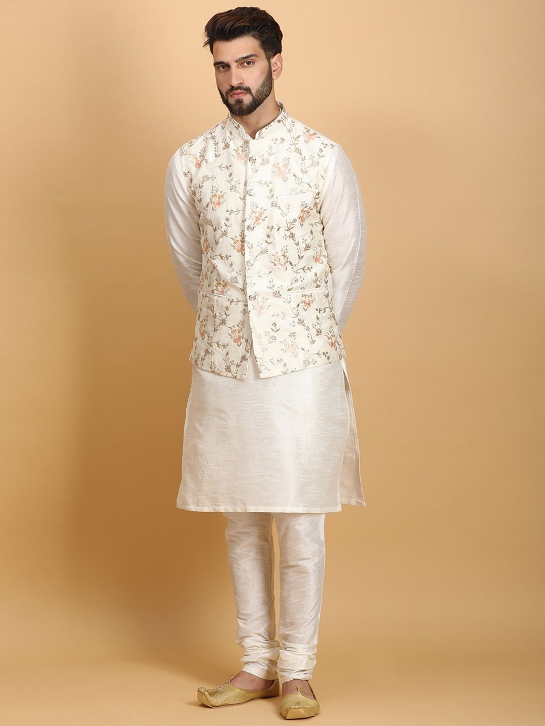 Ethluxis Mandarin Collar Straight Kurta with Churidar & Embroidered Nehru jacket, Off white
Ethluxis Mandarin Collar Straight Kurta with Churidar & Embroidered Nehru jacket, Off white