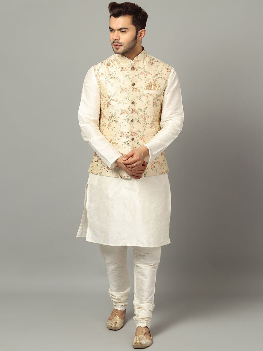 Ethluxis Mandarin Collar Straight Kurta with Churidar & Embroidered Nehru jacket, Off white
Ethluxis Mandarin Collar Straight Kurta with Churidar & Embroidered Nehru jacket, Off white