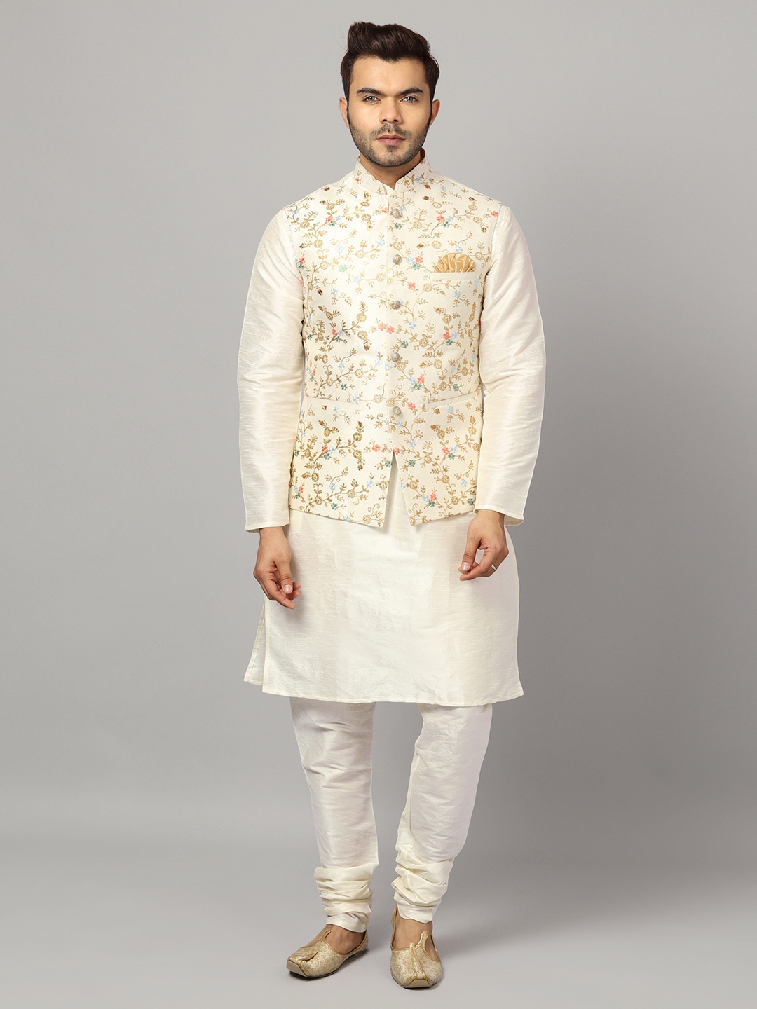 Ethluxis Mandarin Collar Straight Kurta with Churidar & Embroidered Nehru jacket, Off white
Ethluxis Mandarin Collar Straight Kurta with Churidar & Embroidered Nehru jacket, Off white