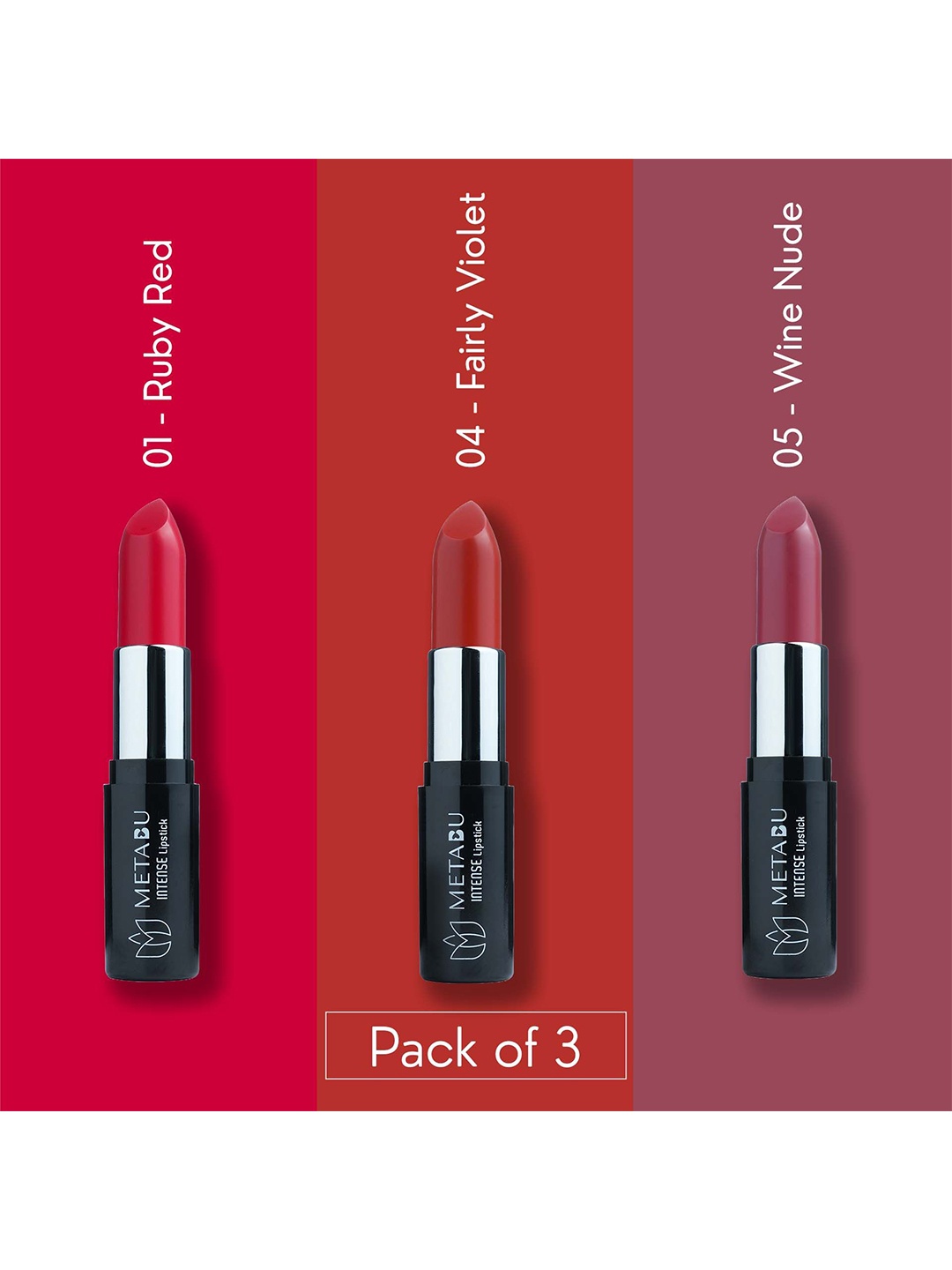 METABU Set Of 3 Intense colors Moisture Matte Bullet Lipsticks-4.2 g Each - 01 - 04 - 05, Red
METABU Set Of 3 Intense colors Moisture Matte Bullet Lipsticks-4.2 g Each - 01 - 04 - 05, Red