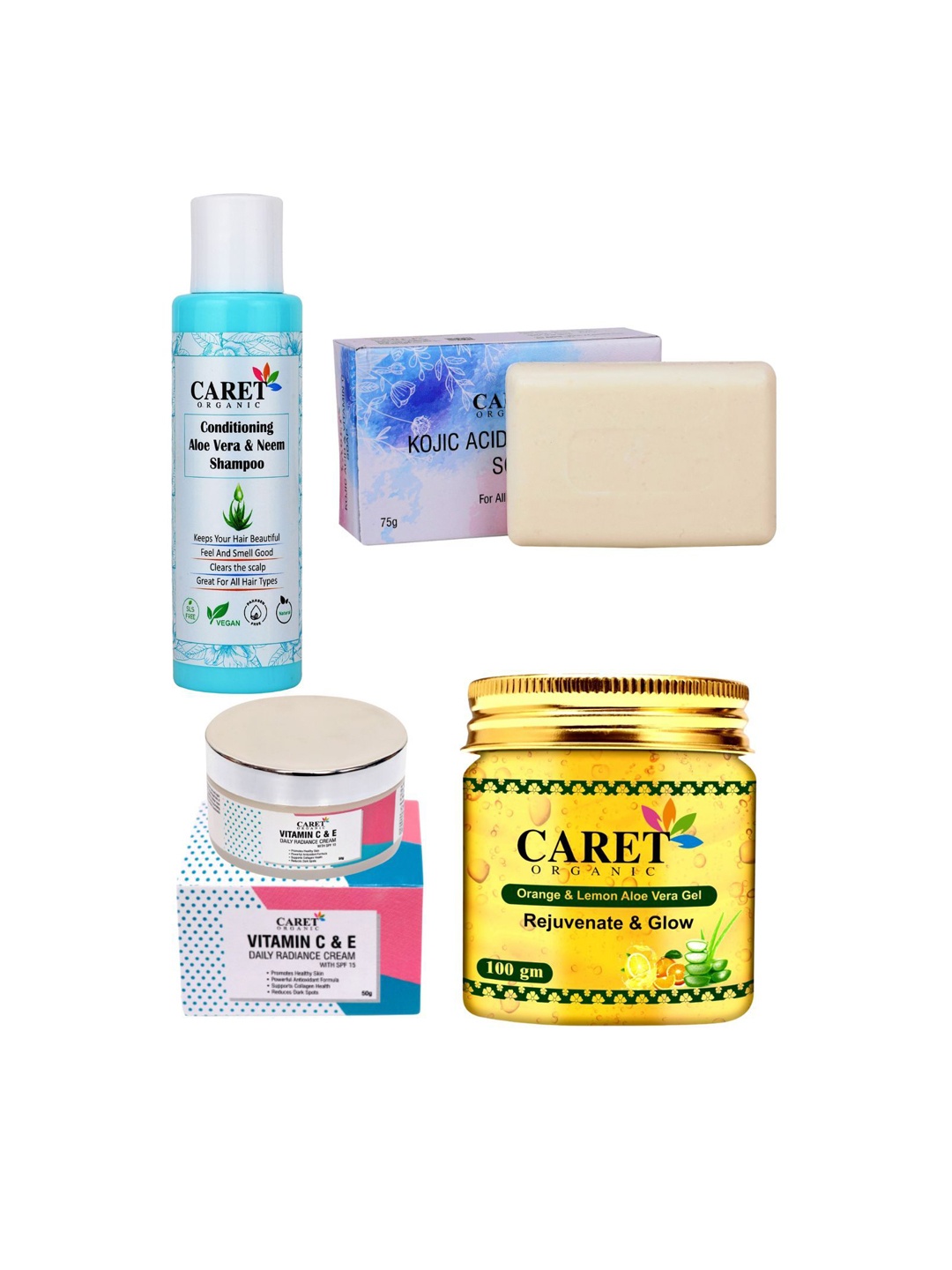 CARET ORGANIC Set of 4 Neem Shampoo, Lemon Gel, Kojic Acid Soap & Daily Radiance Cream, White
CARET ORGANIC Set of 4 Neem Shampoo, Lemon Gel, Kojic Acid Soap & Daily Radiance Cream, White