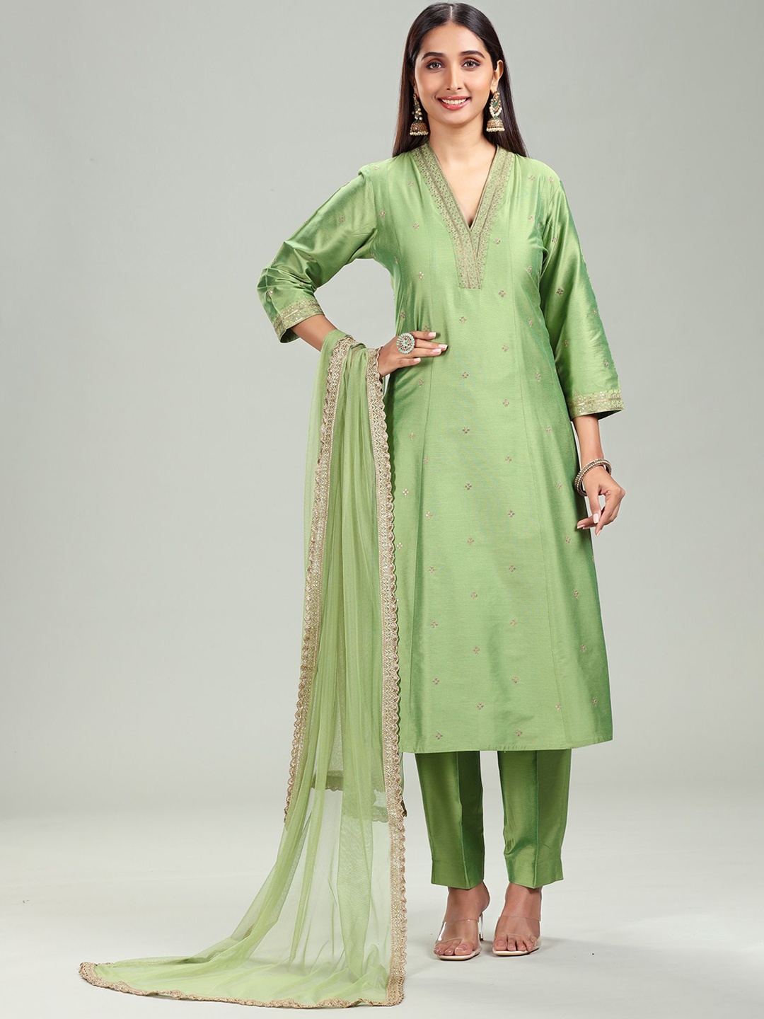 COTTON CULTURE Floral Embroidered V-Neck Chanderi Silk A-Line Kurta With Trouser & Dupatta, Green
COTTON CULTURE Floral Embroidered V-Neck Chanderi Silk A-Line Kurta With Trouser & Dupatta, Green
