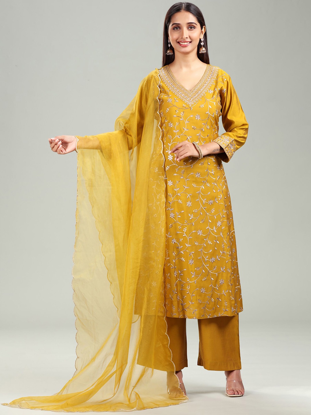 COTTON CULTURE Floral Embroidered V-Neck A-Line Kurta With Palazzos & Dupatta, Mustard
COTTON CULTURE Floral Embroidered V-Neck A-Line Kurta With Palazzos & Dupatta, Mustard