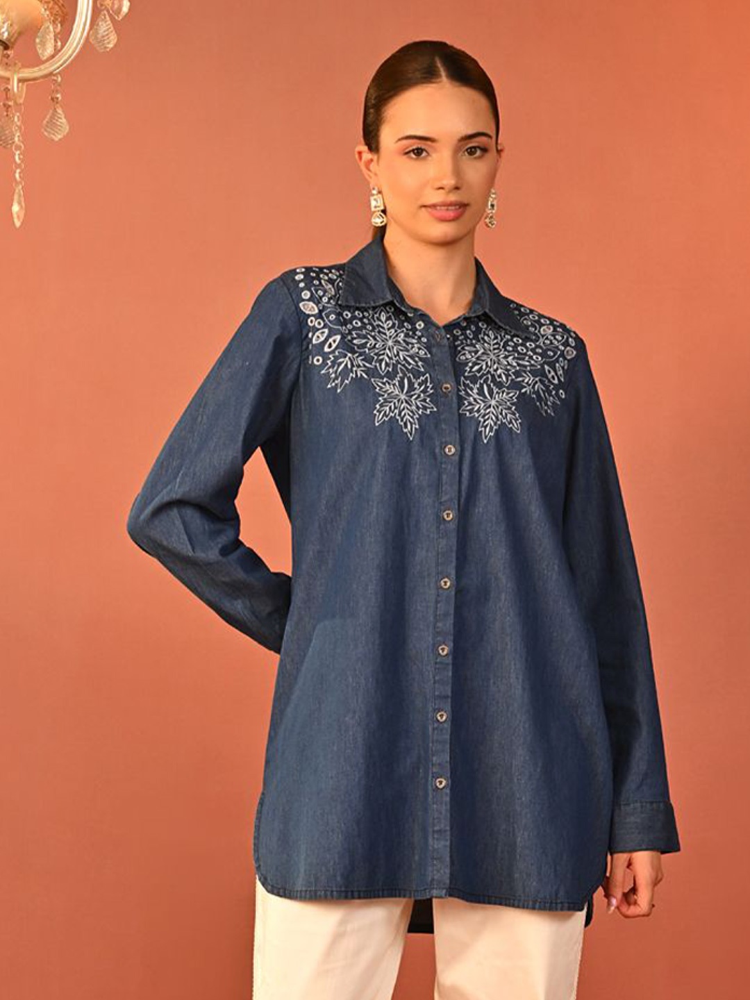 Lakshita Women Relaxed Spread Collar Floral Embroidered Denim Relaxed Fit Casual Shirt, Blue
Lakshita Women Relaxed Spread Collar Floral Embroidered Denim Relaxed Fit Casual Shirt, Blue