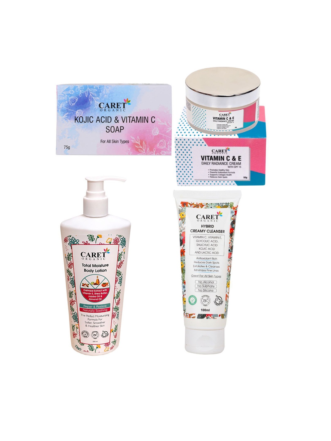 CARET ORGANIC Set Of 4 Soap- 75 g - Body Lotion- 250 ml- Face Wash- 100 ml & Cream- 50 g, White
CARET ORGANIC Set Of 4 Soap- 75 g - Body Lotion- 250 ml- Face Wash- 100 ml & Cream- 50 g, White