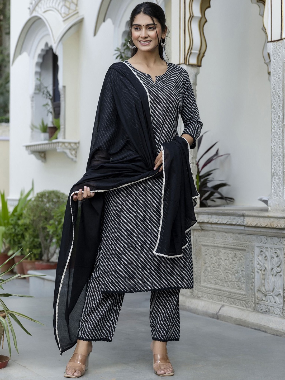 PARTHVI Bandhani Printed Pure Cotton Straight Kurta With Trousers & Dupatta, Black
PARTHVI Bandhani Printed Pure Cotton Straight Kurta With Trousers & Dupatta, Black