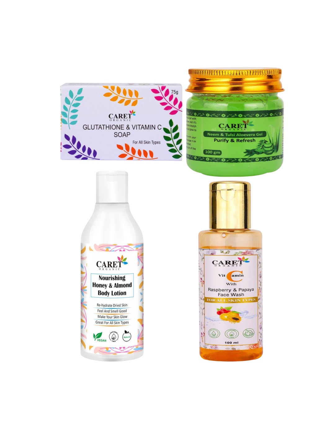 CARET ORGANIC Set Of 4 Soap- 75 g- Neem Gel- 100 g- Face Wash- 100 ml- Body Lotion- 250 ml, White
CARET ORGANIC Set Of 4 Soap- 75 g- Neem Gel- 100 g- Face Wash- 100 ml- Body Lotion- 250 ml, White