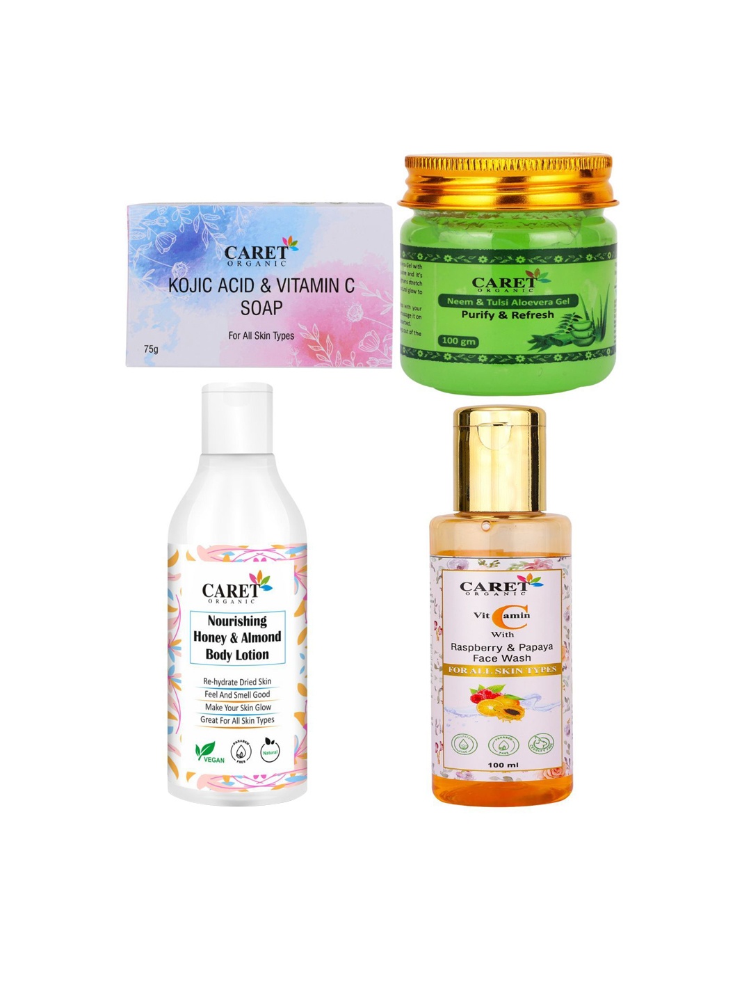 CARET ORGANIC Set Of 4 Soap-75 g- Tulsi Gel-100 g- Face Wash-100 ml & Body Lotion-250 ml, White
CARET ORGANIC Set Of 4 Soap-75 g- Tulsi Gel-100 g- Face Wash-100 ml & Body Lotion-250 ml, White