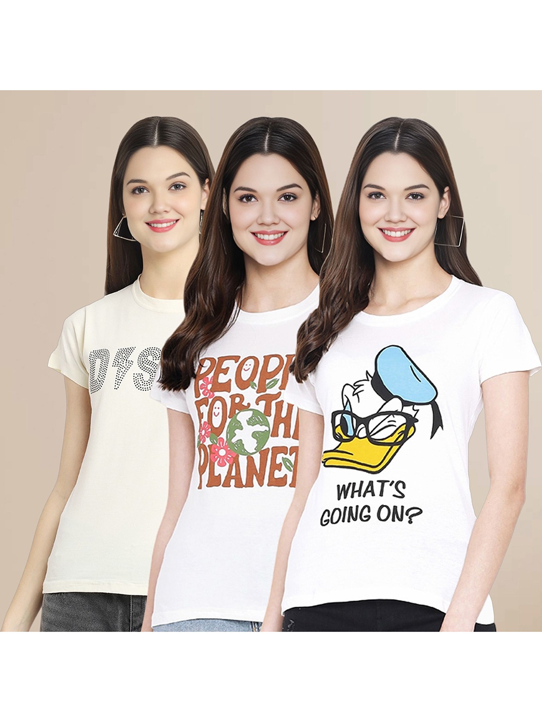 Metronaut Women Pack Of 3 Typography Printed Round Neck Cotton Donald Duck T-shirts, White
Metronaut Women Pack Of 3 Typography Printed Round Neck Cotton Donald Duck T-shirts, White