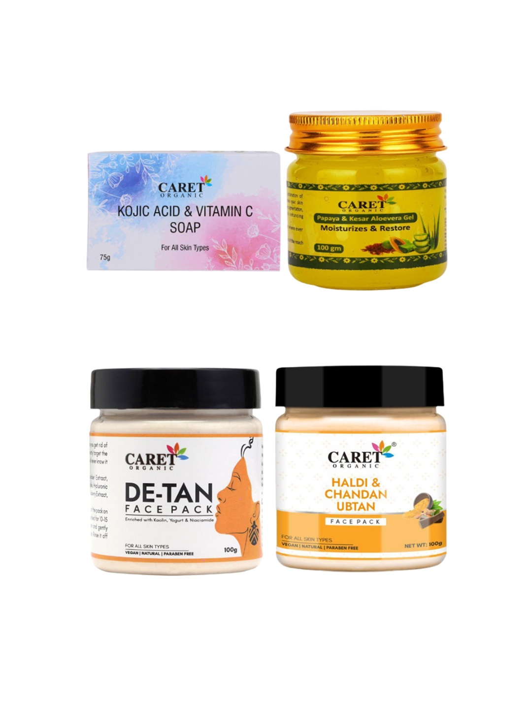 CARET ORGANIC Set Of 4 Soap- 75 g- Gel- 100 g- De Tan Face Pack-100 g & Chandan Ubtan-100g, White
CARET ORGANIC Set Of 4 Soap- 75 g- Gel- 100 g- De Tan Face Pack-100 g & Chandan Ubtan-100g, White