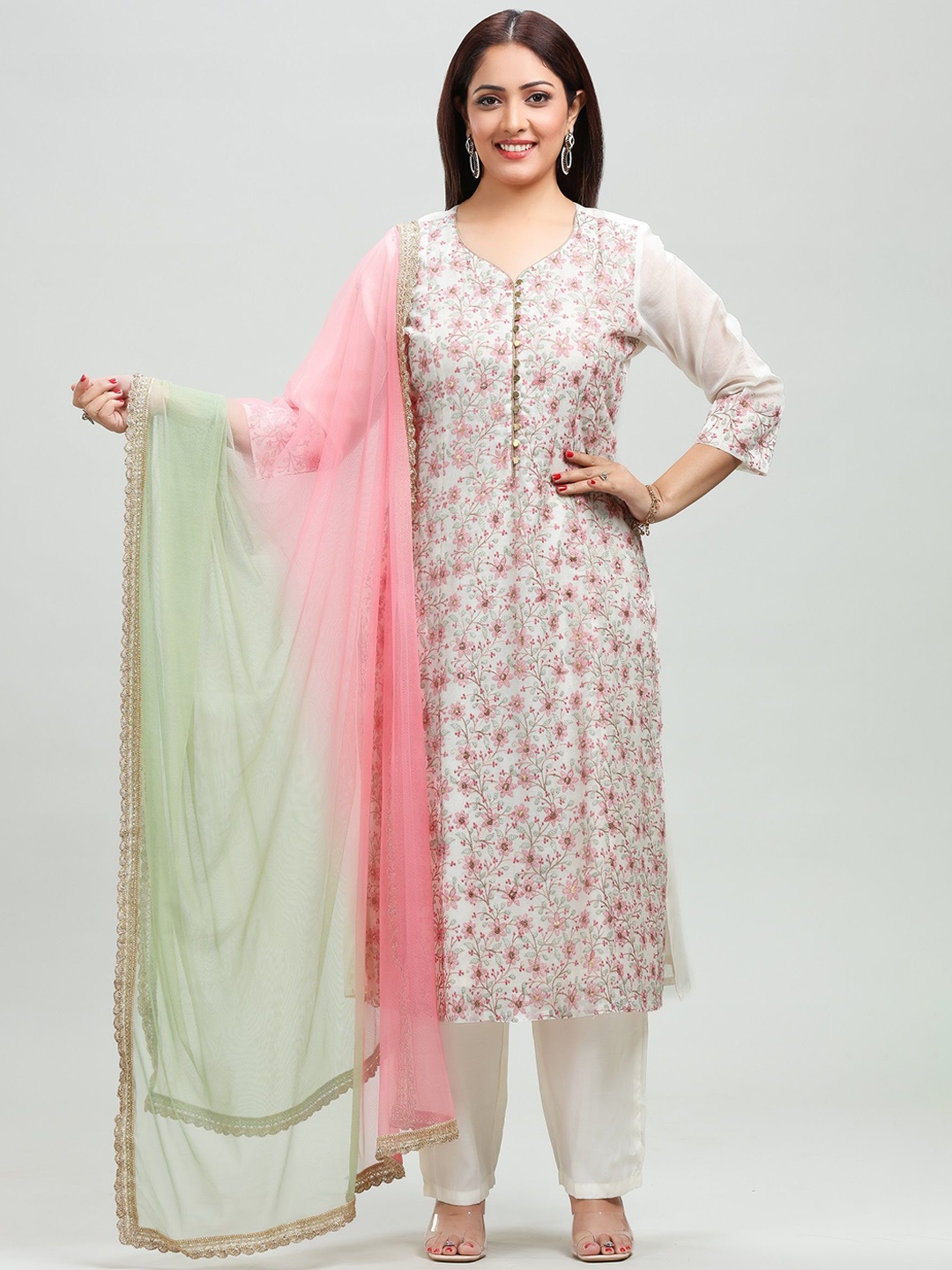 COTTON CULTURE Floral Embroidered Regular Chanderi Cotton Kurta With Trouser With Dupatta, Off white
COTTON CULTURE Floral Embroidered Regular Chanderi Cotton Kurta With Trouser With Dupatta, Off white