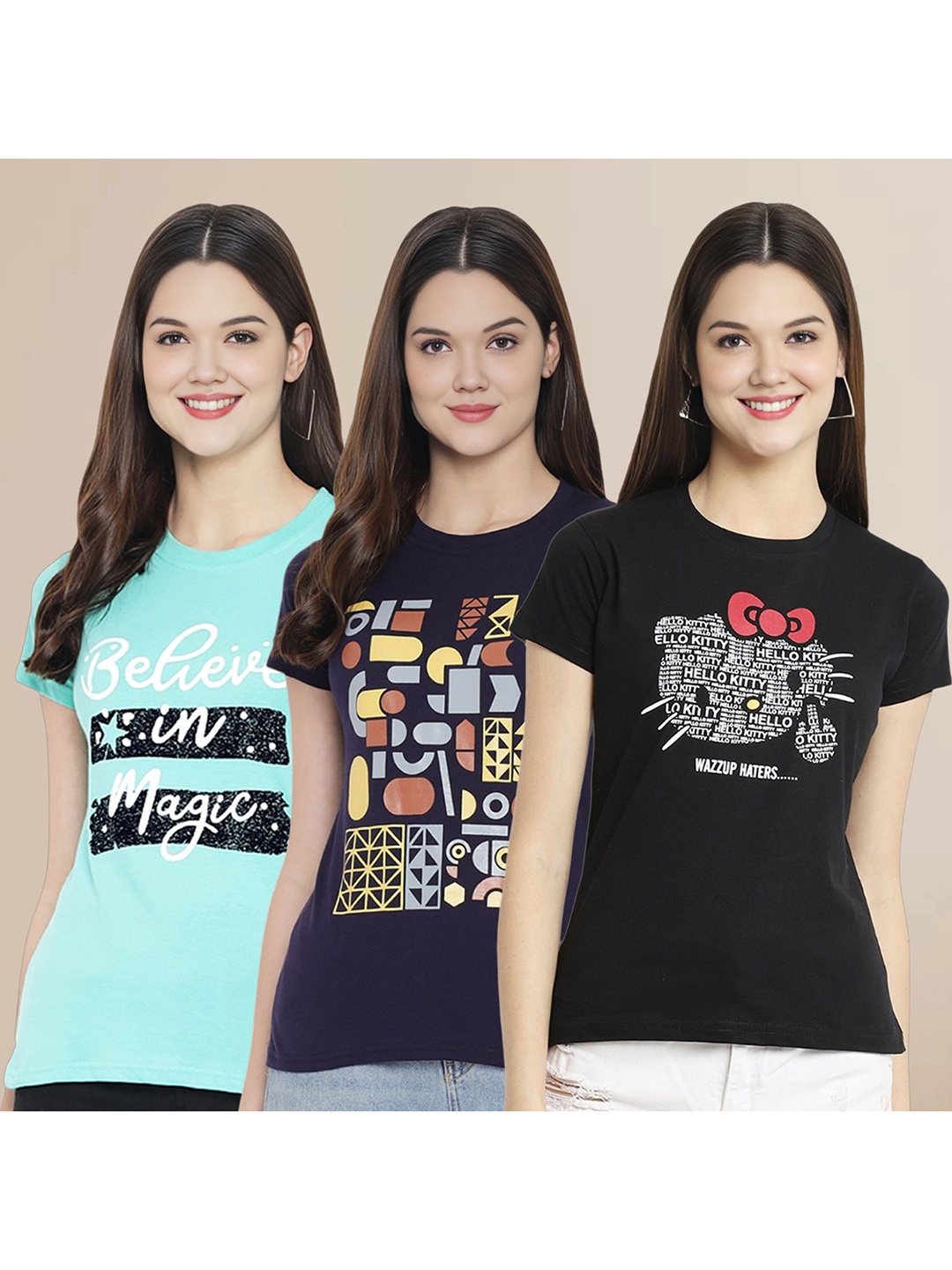 Metronaut Women Pack Of 3 Typography Printed Round Neck Cotton T-shirts, Turquoise blue
Metronaut Women Pack Of 3 Typography Printed Round Neck Cotton T-shirts, Turquoise blue
