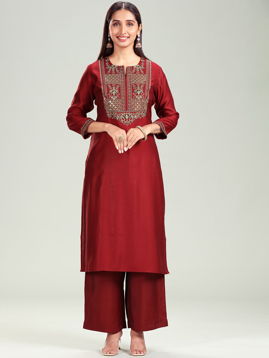 COTTON CULTURE Floral Embroidered Three-Quarter Sleeves Pure Silk Top With Palazzo, Maroon
COTTON CULTURE Floral Embroidered Three-Quarter Sleeves Pure Silk Top With Palazzo, Maroon