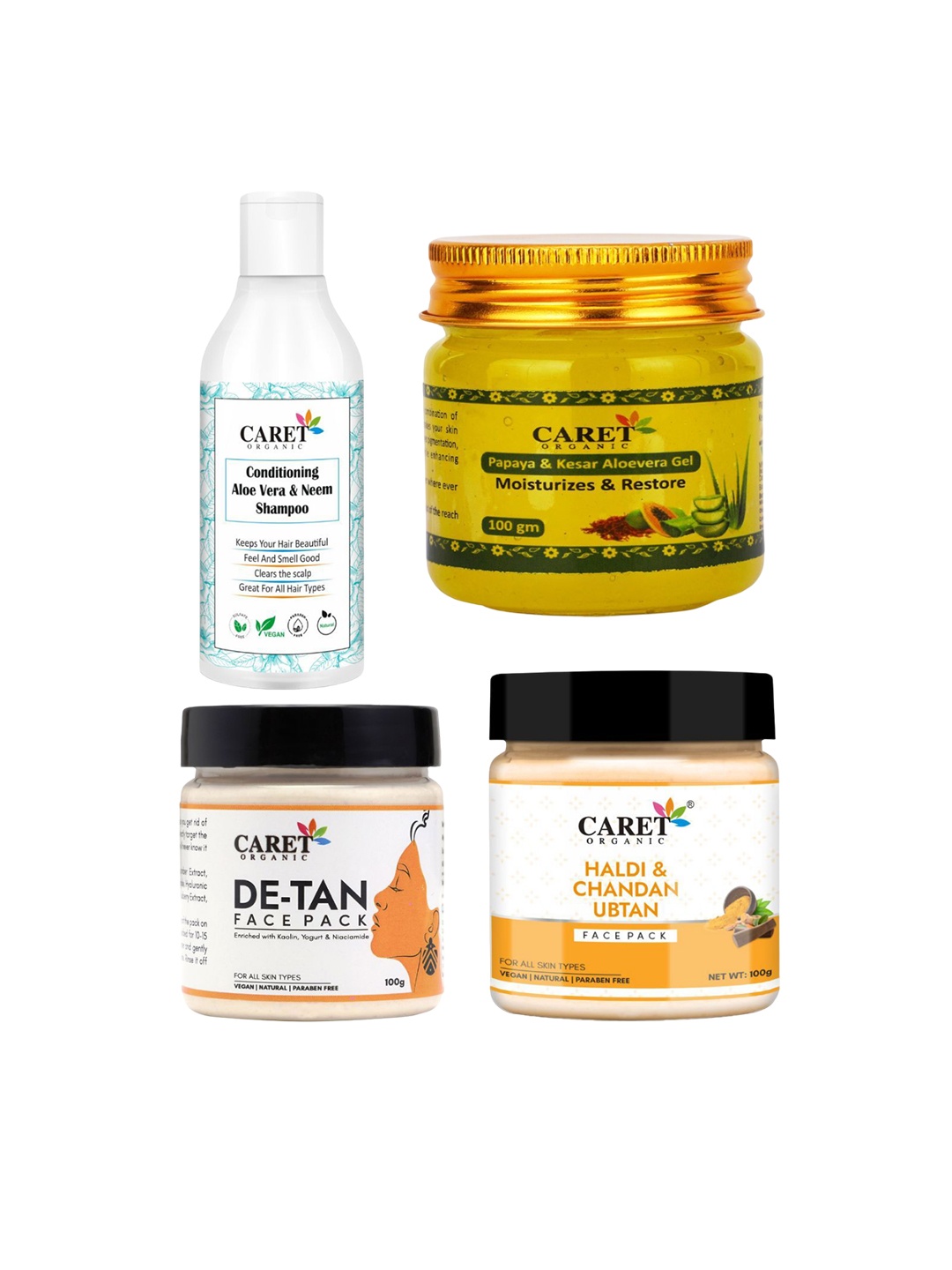 CARET ORGANIC Set of 4 Shampoo, Papaya Kesar Gel & Face Pack & De-Tan Face Pack, White
CARET ORGANIC Set of 4 Shampoo, Papaya Kesar Gel & Face Pack & De-Tan Face Pack, White