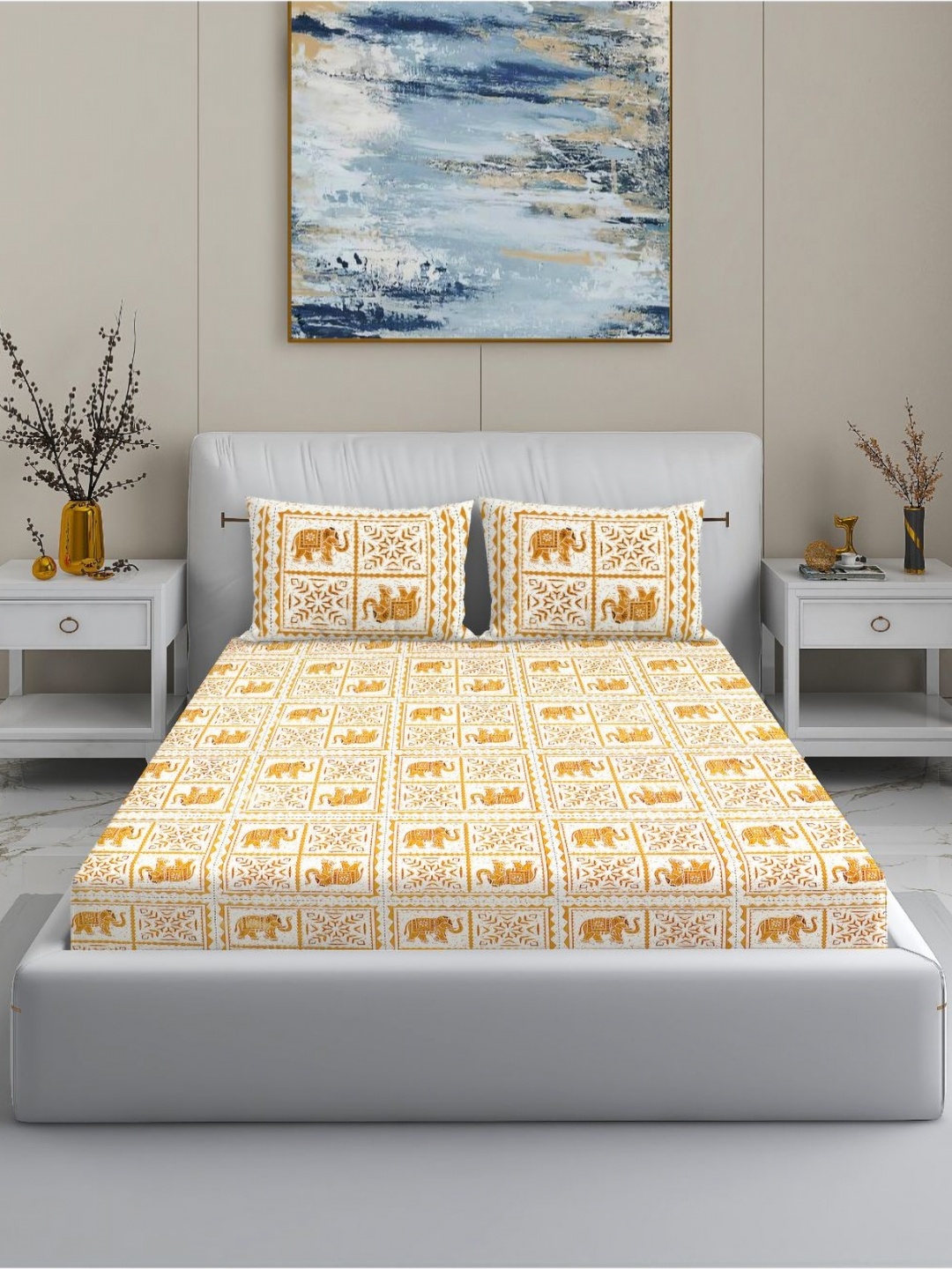 MODEFE White & Mustard Ethnic Motifs Cotton 144TC Double King Bedsheet Set-2.74 m x 2.28 m
MODEFE White & Mustard Ethnic Motifs Cotton 144TC Double King Bedsheet Set-2.74 m x 2.28 m