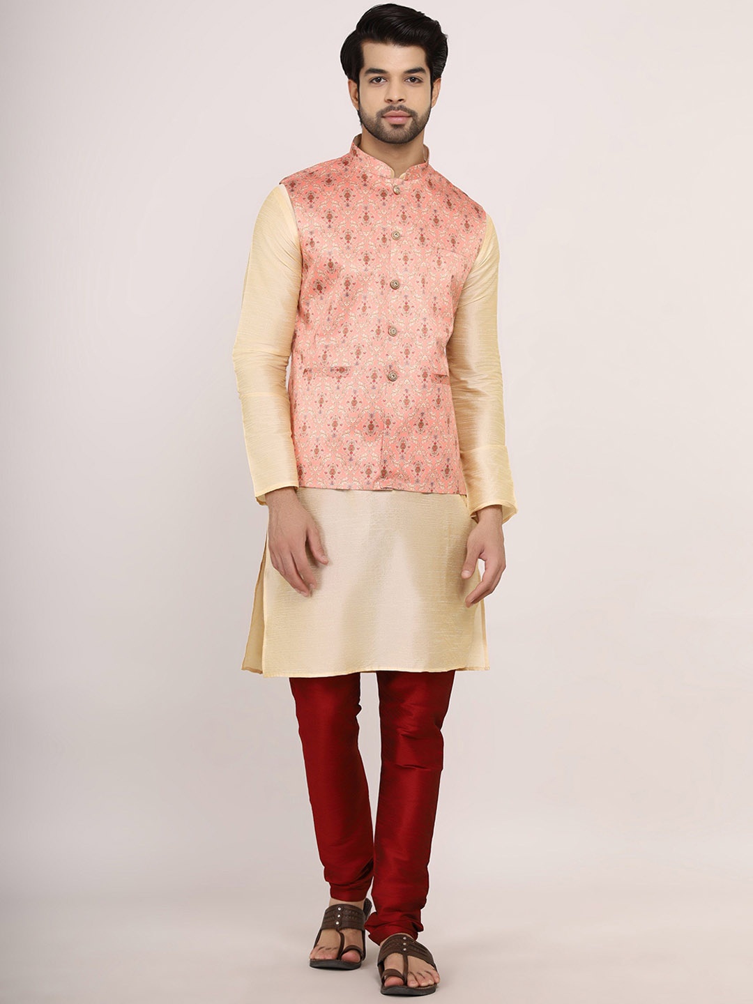 Sadree Mandarin Collar Long Sleeves Pastels Straight Kurta with Churidar & Nehru jacket, Gold
Sadree Mandarin Collar Long Sleeves Pastels Straight Kurta with Churidar & Nehru jacket, Gold