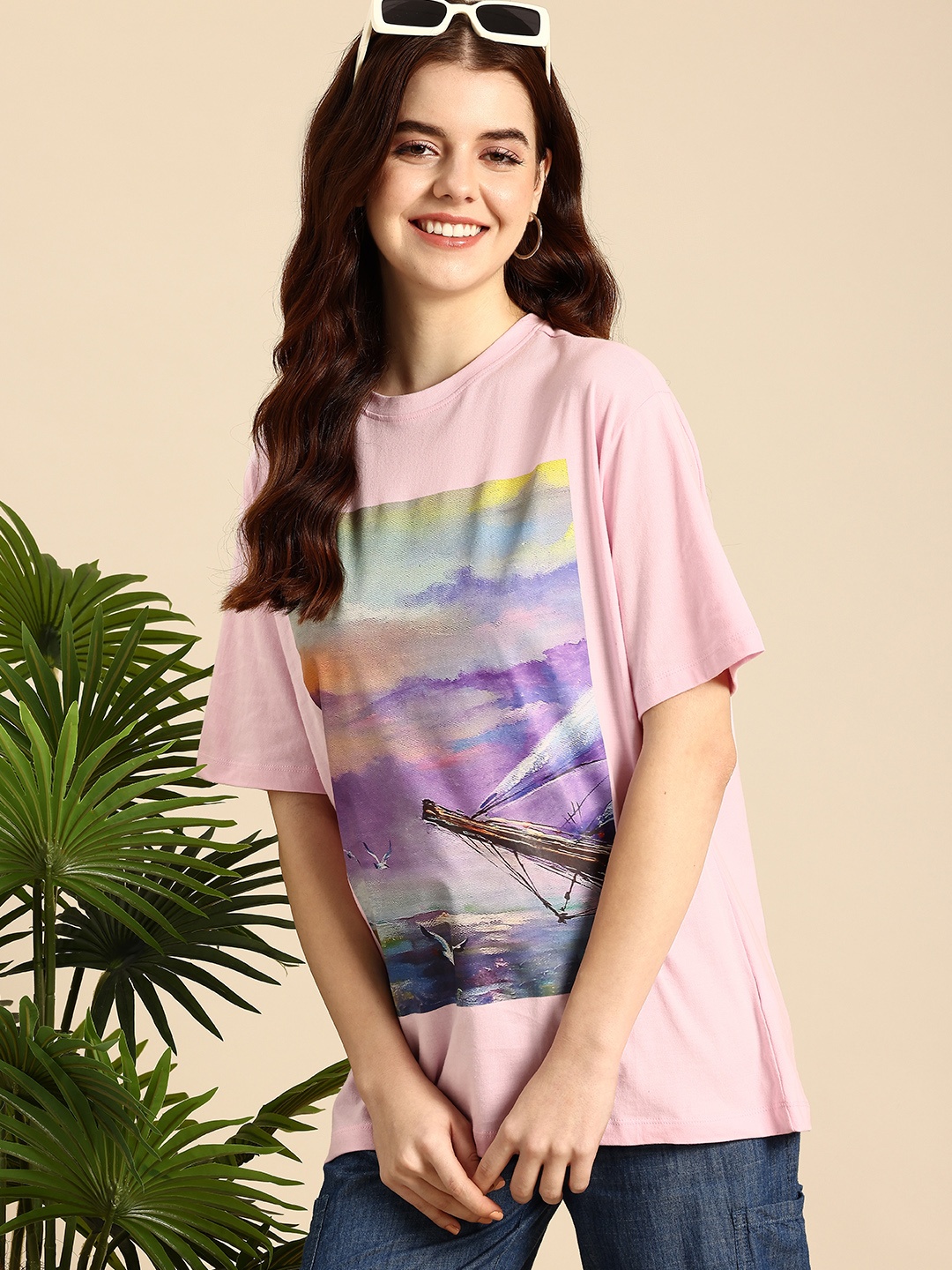 Mast & Harbour Women Relaxed Fit Printed Drop-Shoulder Sleeves Pure Cotton T-shirt, Pink
Mast & Harbour Women Relaxed Fit Printed Drop-Shoulder Sleeves Pure Cotton T-shirt, Pink